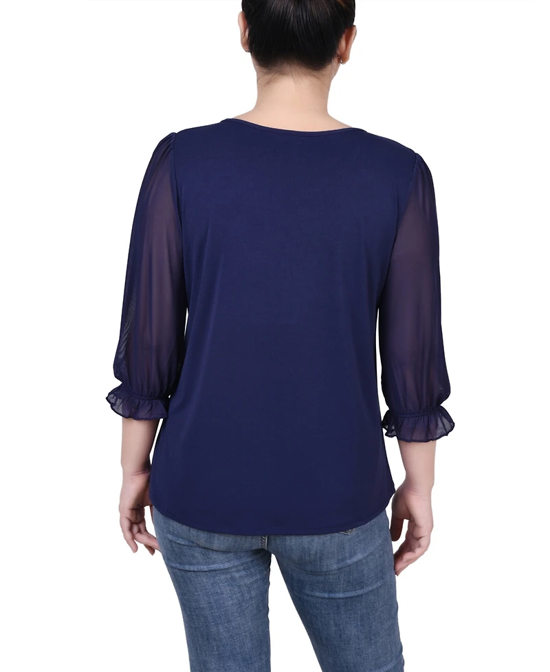Ny Collection Petite 3/4 Sleeve Ringed Mesh Top