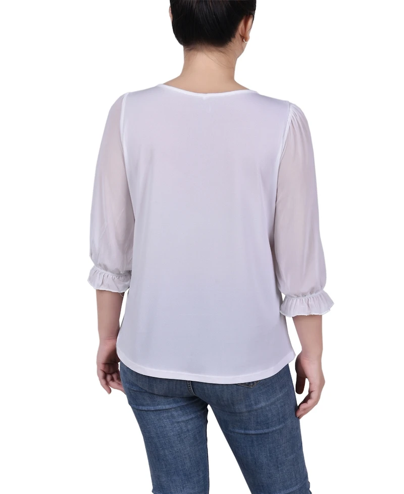 Ny Collection Petite 3/4 Sleeve Ringed Mesh Top