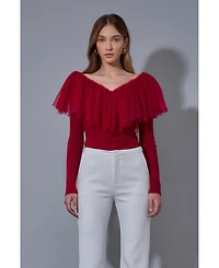 endless rose Women's Mixed Media Mesh Pleated Ruffle Top