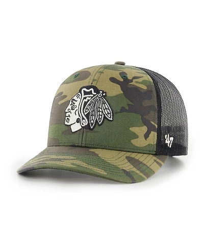 Men's '47 Brand Camo, Black Chicago Blackhawks Trucker Snapback Hat