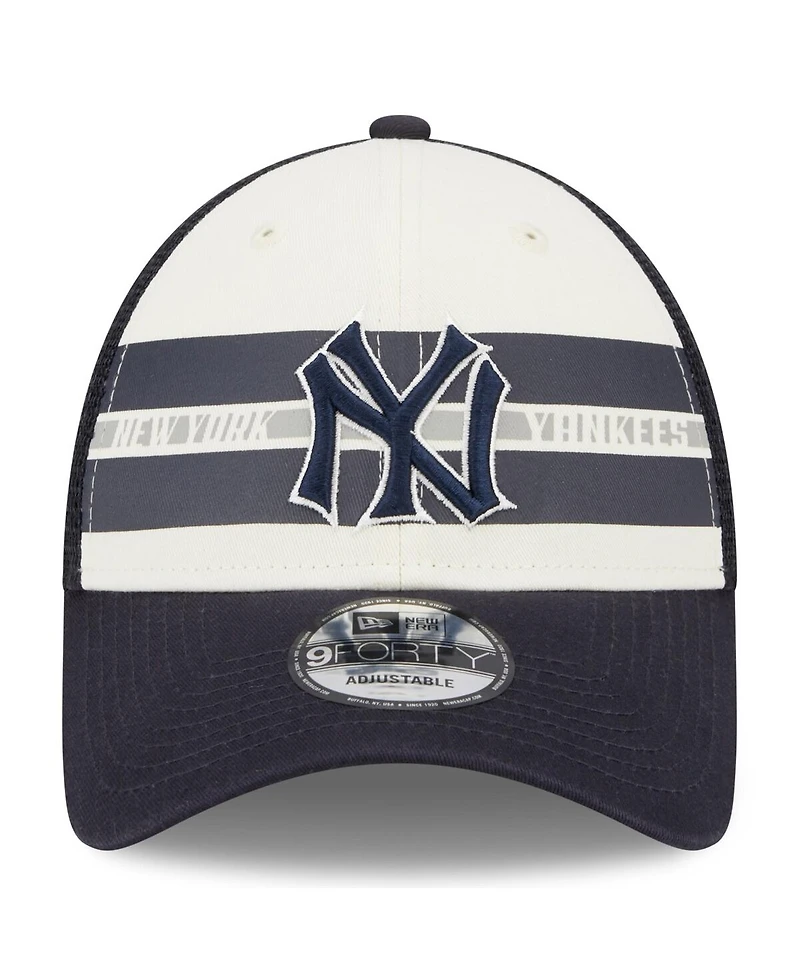Men's New Era White, Navy New York Yankees Team Stripe Trucker 9Forty Snapback Hat