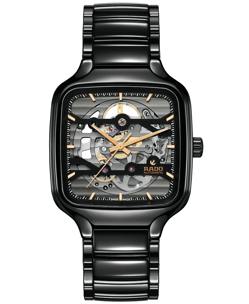 Rado Unisex Swiss Automatic True Square Skeleton Black High-Tech Ceramic Bracelet Watch 38mm