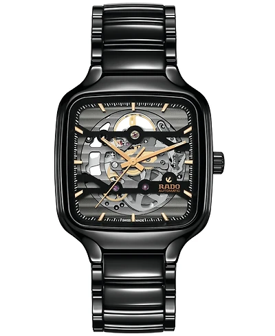 Rado Unisex Swiss Automatic True Square Skeleton Black High-Tech Ceramic Bracelet Watch 38mm