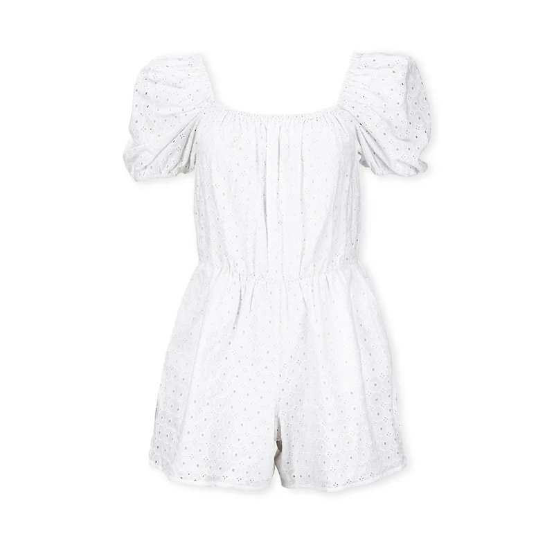 Hope & Henry Women's Organic Cotton Puff Sleeve Eyelet Romper