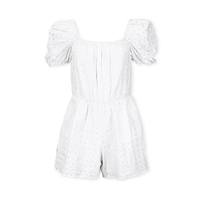 Hope & Henry Women's Organic Cotton Puff Sleeve Eyelet Romper