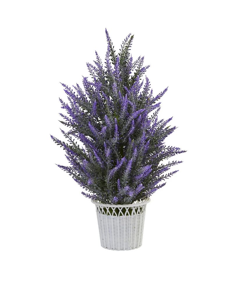 Nearly Natural Artificial Lavender Plant in White Wicker Planter