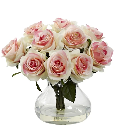 Nearly Natural Pink Rose Artificial Arrangement with Vase