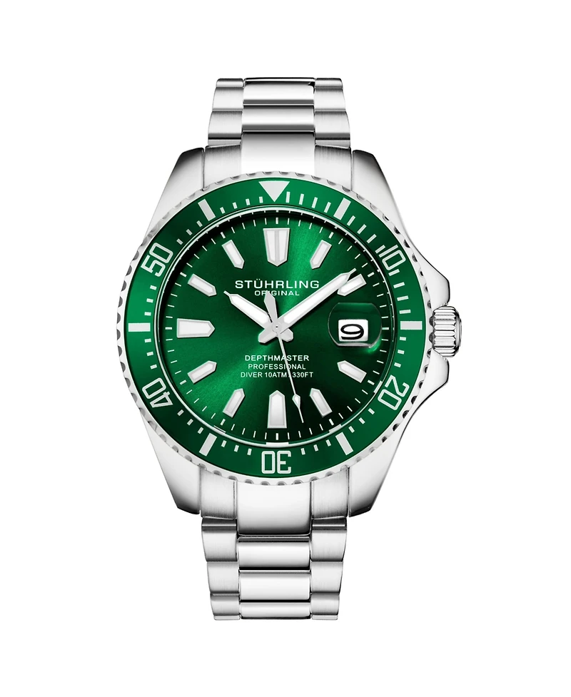 Stuhrling Men's Aquadiver Silver-tone Stainless Steel , Green Dial , 42mm Round Watch