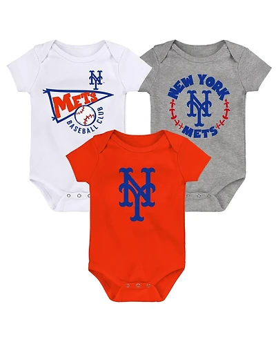Infant Boys and Girls Orange, White, Heather Gray New York Mets Biggest Little Fan 3-Pack Bodysuit Set