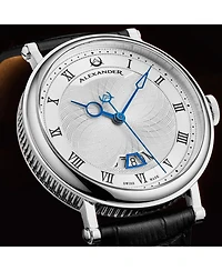 Alexander Triumph Men's Swiss Automatic Watch 43mm Silver Tone Stainless Steel Case Silver Dial Sapphire Crystal Black Leather Strap 30M