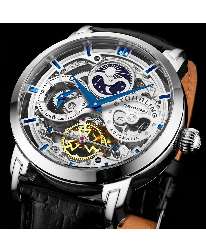 Stuhrling Men's Legacy Black Leather, Silver-Tone Dial, 46mm Round Watch