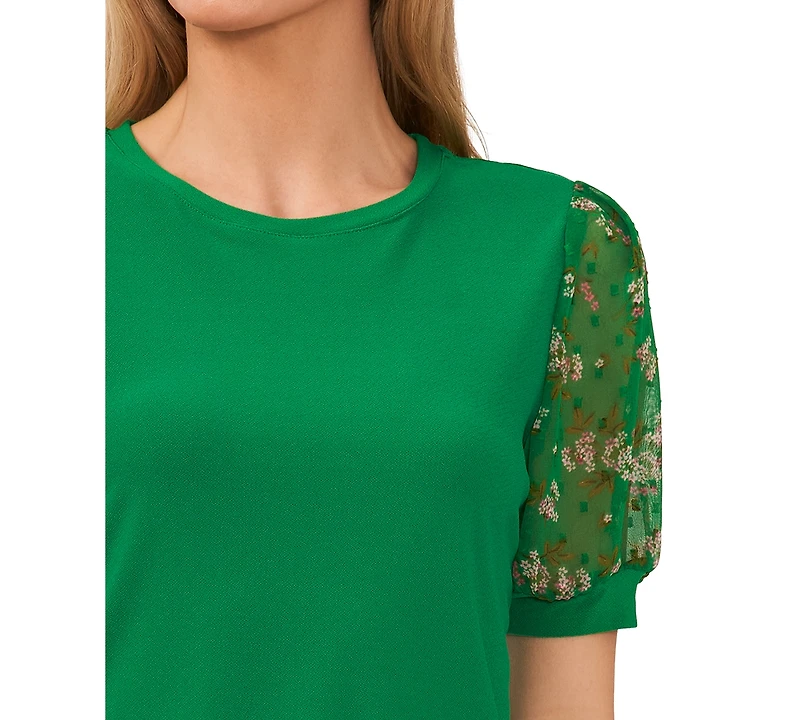 CeCe Women's Mixed Media Puff Sleeve Bouquet Knit Top