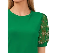 CeCe Women's Mixed Media Puff Sleeve Bouquet Knit Top