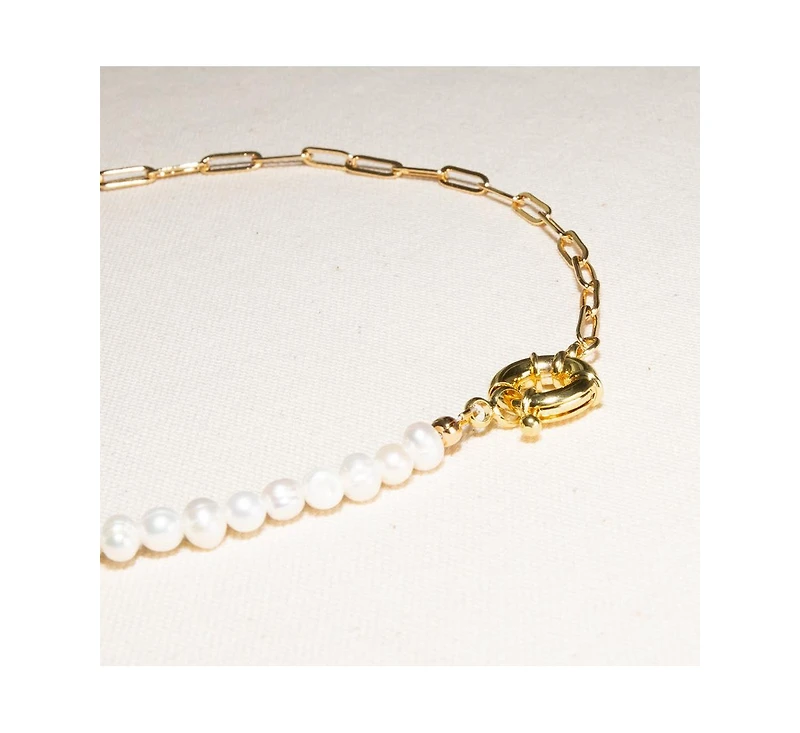 18K Gold Plated Paper Clip Chain with Freshwater Pearls - Lily Necklace 16" For Women
