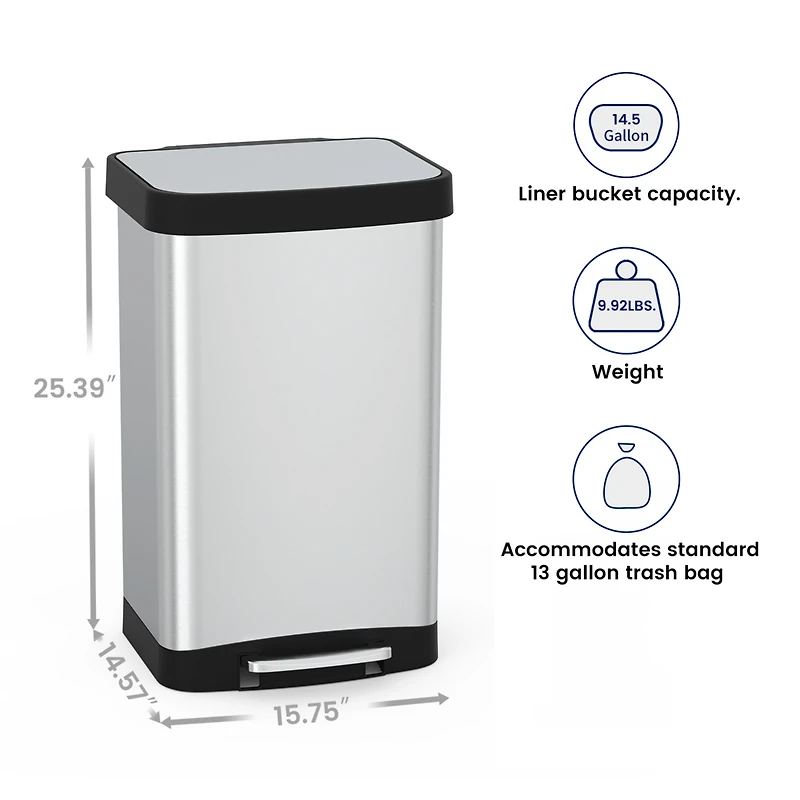 Mega Casa 14.5 Gal./55 Liter Rectangle Step-On Stainless Steel Trash Can for Kitchen