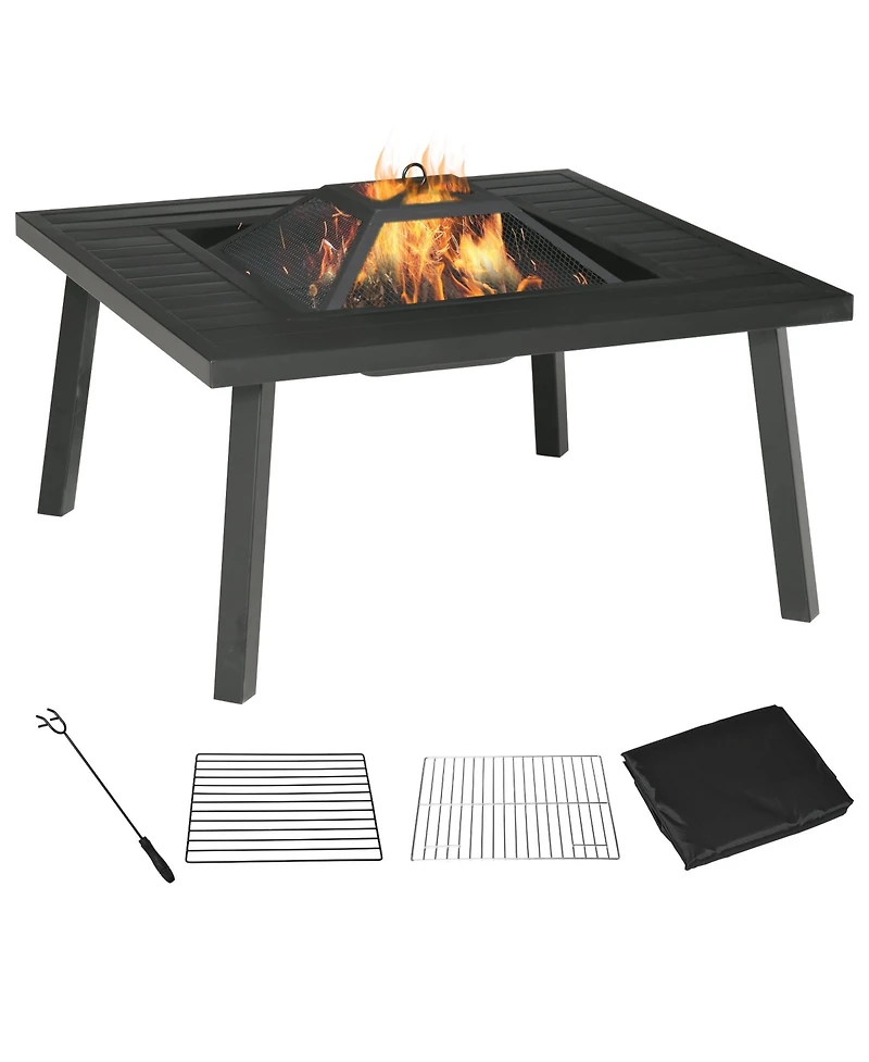 Outsunny 34" Fire Pit with Grill, Spark Screen, Fire Poker, Cover, Table Lip,