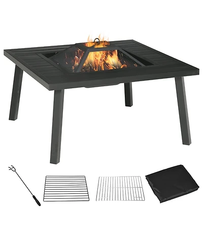 Outsunny 34" Fire Pit with Grill, Spark Screen, Fire Poker, Cover, Table Lip,