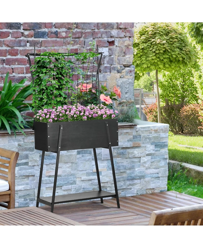 Outsunny Raised Garden Bed with Climbing Grid Trellis & Storage Shelf, Elevated Planter Box for Vegetable Vines, Climbing Plants, Black