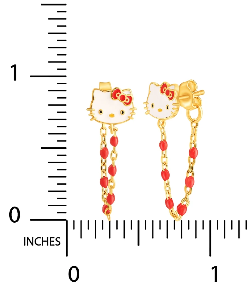 Enamel & Bead Chain Hello Kitty Front to Back Drop Earrings in 18k Gold-Plated Sterling Silver