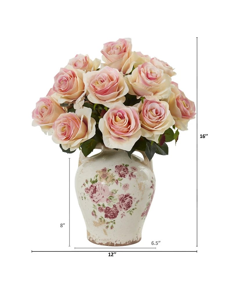 Nearly Natural Rose Artificial Arrangement in Flower Print Jar