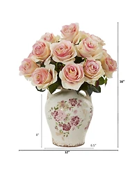 Nearly Natural Rose Artificial Arrangement in Flower Print Jar