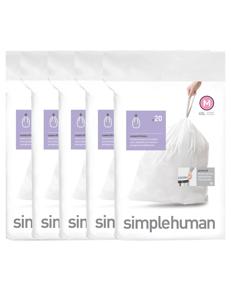 Simplehuman Code M 100pk Custom Fit Liners with 5 Quick Dispense Packs, 45L Kitchen Trash Bag Liners