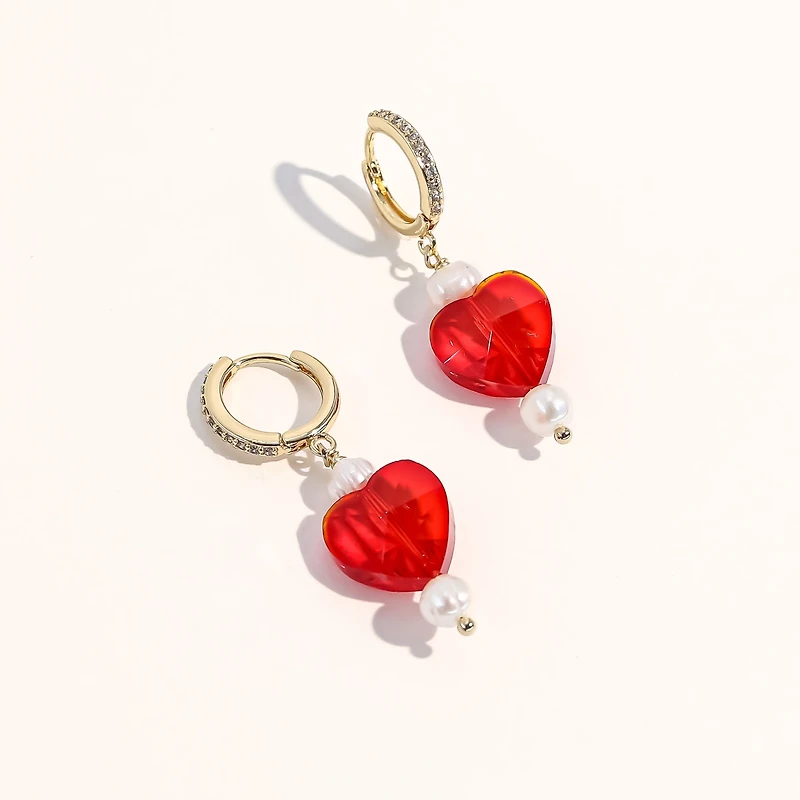 18K Gold Plated Freshwater Pearl with a Red Heart Shape Charm - Kokoro Earrings For Women