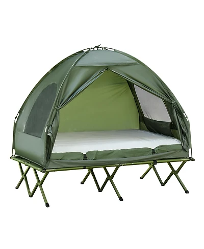 Outsunny 2 Person Foldable Camping Cot, Portable Outdoor with Bedspread & Thick Air Mattress, All in One Elevated Camping Bed Tent for 2