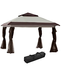 Outsunny 12' x 12' Pop Up Canopy Sun Shade Instant Tent Folding with Mesh Sidewall Netting, 3-Level Adjustable Height and Storage Bag, Beige