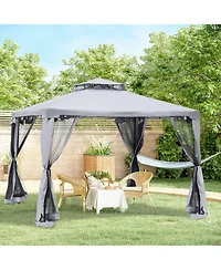 Outsunny 10' x 10' Patio Gazebo Outdoor Canopy Shelter with 2-Tier Roof and Netting, Steel Frame for Garden, Lawn, Backyard and Deck, Grey