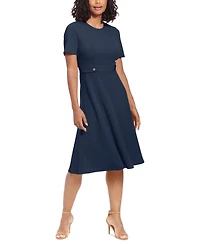 London Times Women's Puff-Sleeve Tab-Detail Fit & Flare Dress