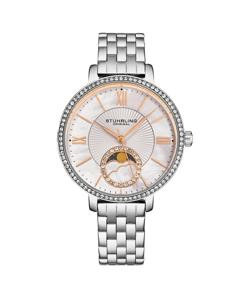 Stuhrling Women's Quartz Silver Alloy Case, Silver Ss Link Bracelet Watch Moonphase Crystal Studded Bezel White Mother-of-Pearl Dial