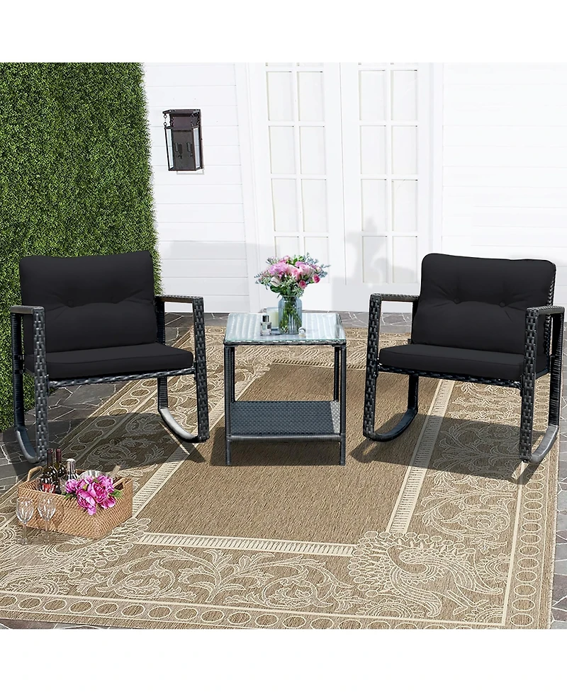 3PC Patio Rattan Conversation Set Rocking Chair Cushioned