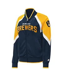 Women's Starter Navy Milwaukee Brewers Touchdown Raglan Full-Zip Track Jacket