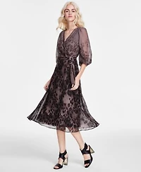 Dkny Womens Printed Faux Wrap Balloon Sleeve Dress 0p 16
