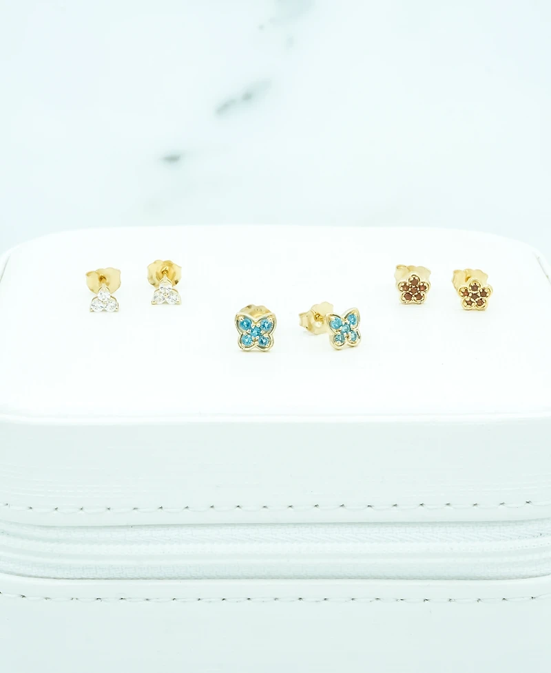 3-Pc. Set London Blue Topaz (1/3 ct. t.w.), Lab-grown White Sapphire (1/3 ct. t.w.) & Garnet (1/4 ct. t.w.) Stud Earrings in 14k Gold-Plated Sterling