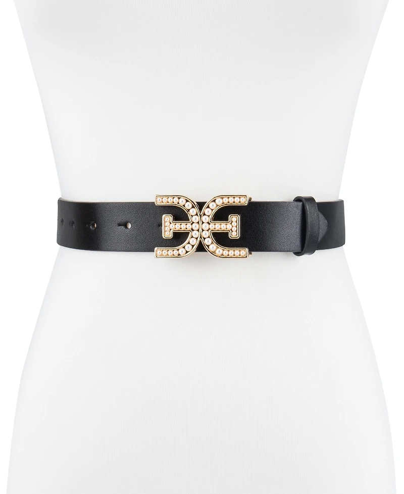 Sam Edelman Women's Imitated Pearl Embellished Double-e Plaque Buckle Belt
