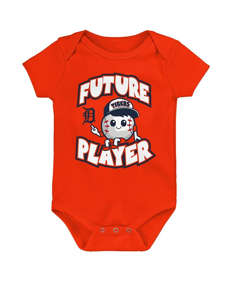 Newborn and Infant Boys Girls Orange, Navy, White Detroit Tigers Minor League Player Three-Pack Bodysuit Set