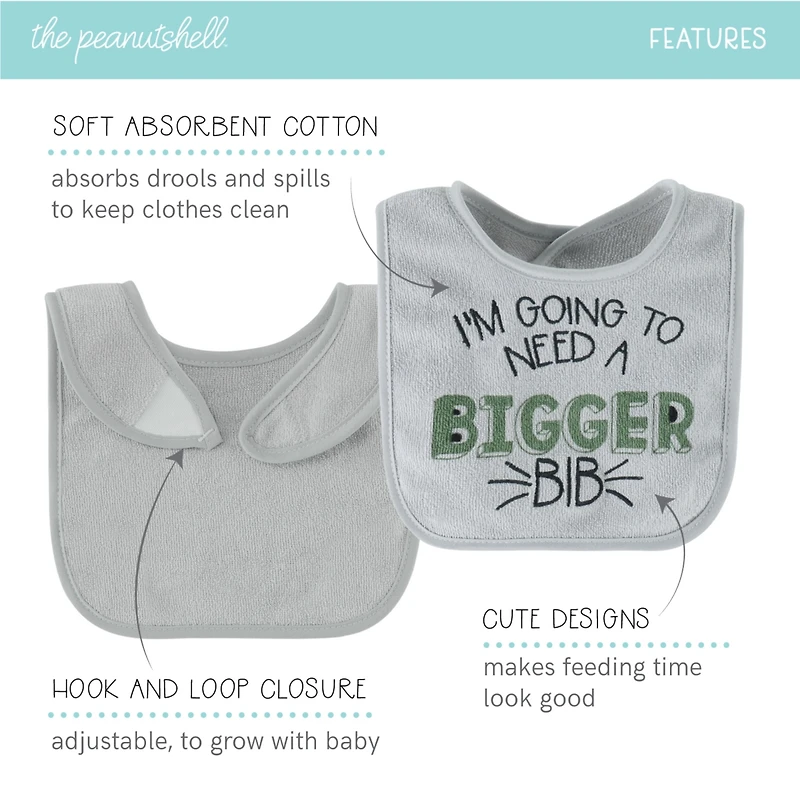 The Peanutshell Baby Boys Terry Bibs Boys, 20 Pack for Feeding, Teething, or Drooling, Hello Sunshine/Dino