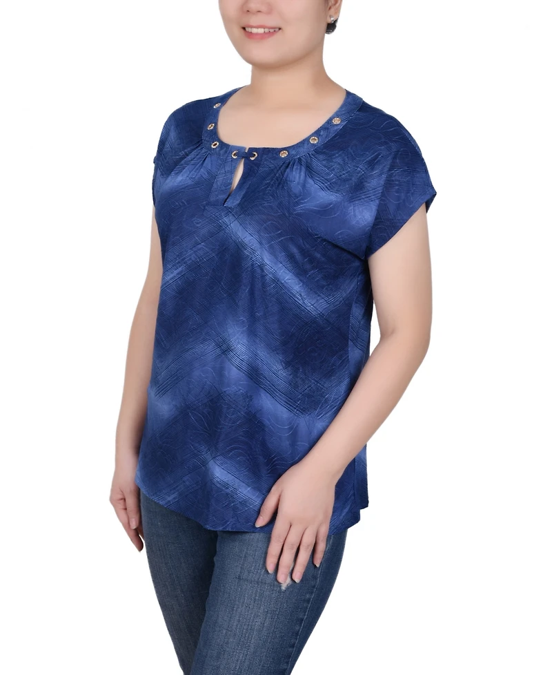 Ny Collection Petite Extended Short Sleeve Top with Grommets