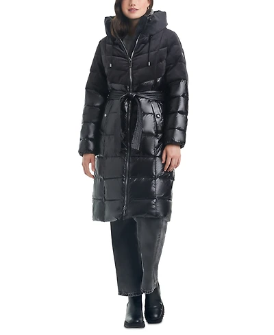 Vince Camuto Women's Velvet Mix Belted Hooded Puffer Coat