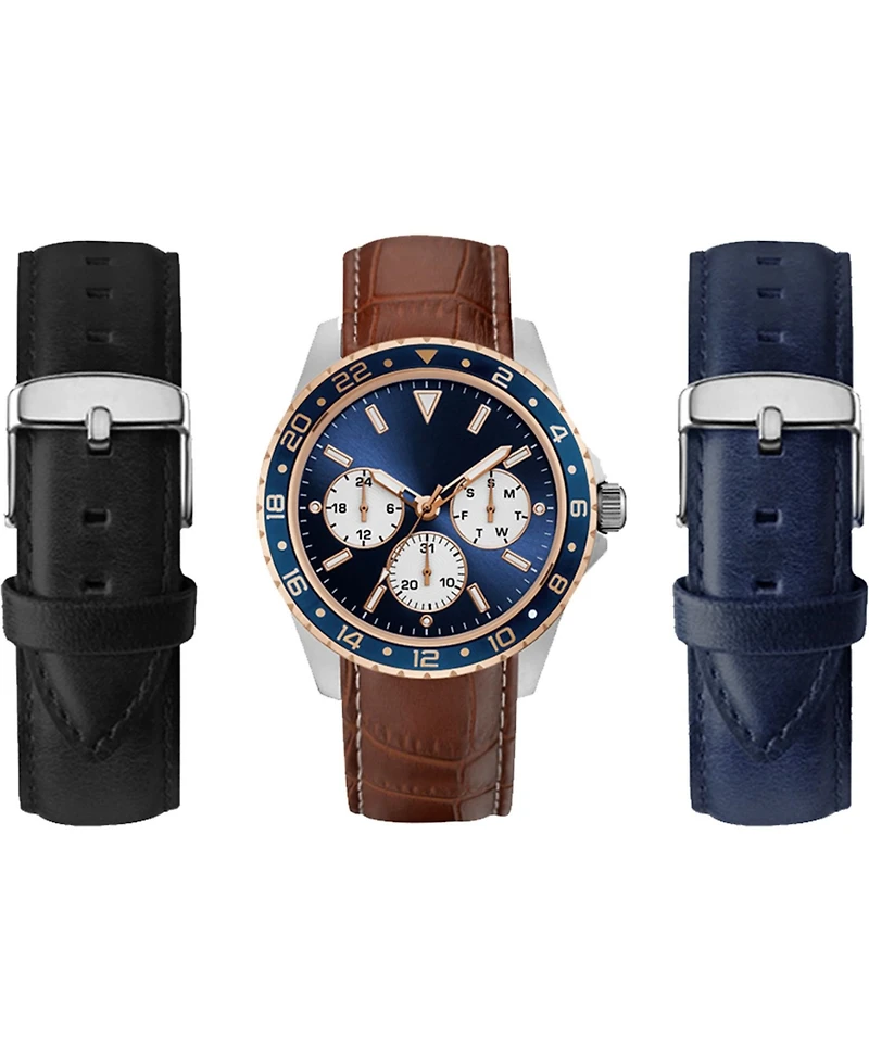 American Exchange Men's Analog, Three-Hand Quartz Brown Leather Strap Watch 43mm Gift Set