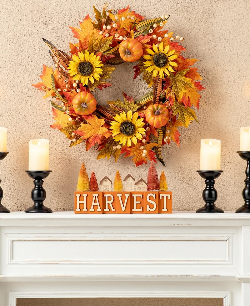Glitzhome 14" L Harvest Wooden House/Brush Trees Table Decor