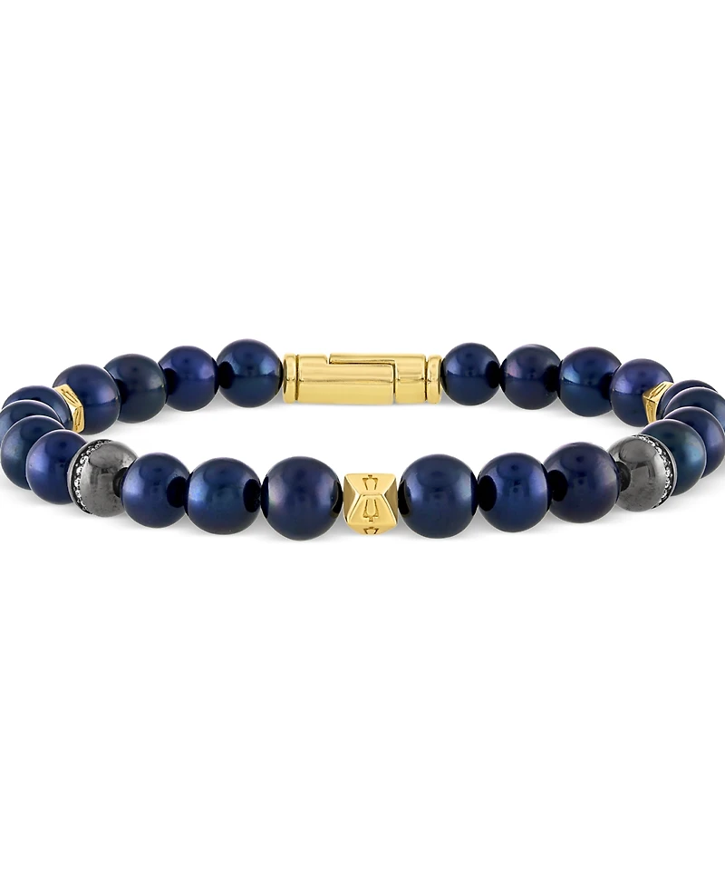 Bulova Men's Marine Star Blue Freshwater Pearl (8mm) & Diamond (1/5 ct. t.w.) Beaded Bracelet in 14k Gold-Plated Sterling Silver