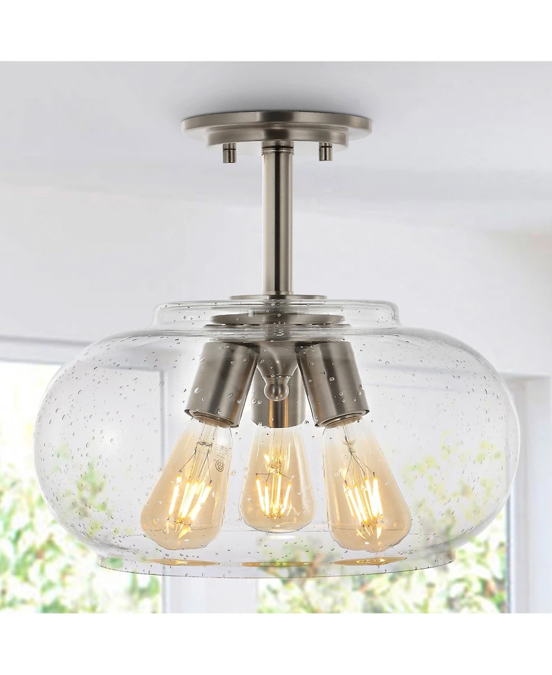 Lina 13.75" 3-Light Modern Industrial Iron, Seeded Glass Led Semi Flush Mount