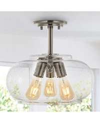 Lina 13.75" 3-Light Modern Industrial Iron, Seeded Glass Led Semi Flush Mount