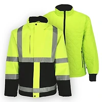 RefrigiWear Men's HiVis 3-in-1 Rainwear Jacket - High Visibility, Waterproof, Breathable, Reflective Safety Coat with Removable Liner