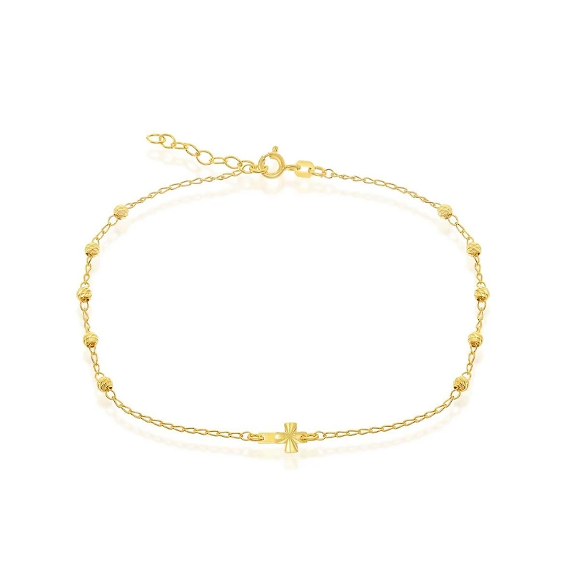 Simona Sterling Silver Diamond Cut Beads & Small Center Cross Anklet
