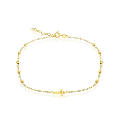 Simona Sterling Silver Diamond Cut Beads & Small Center Cross Anklet