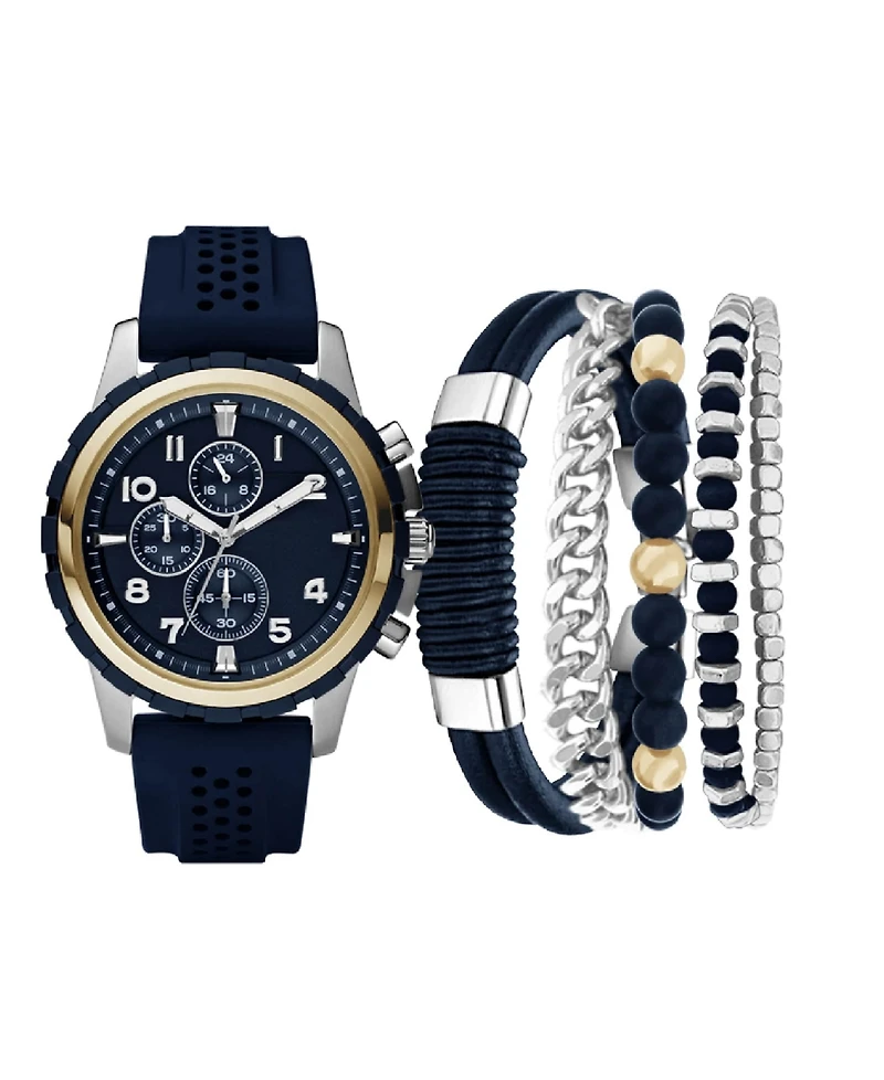 American Exchange Men's Analog, Three-Hand Quartz Navy Silicone Strap Watch 45mm Gift Set